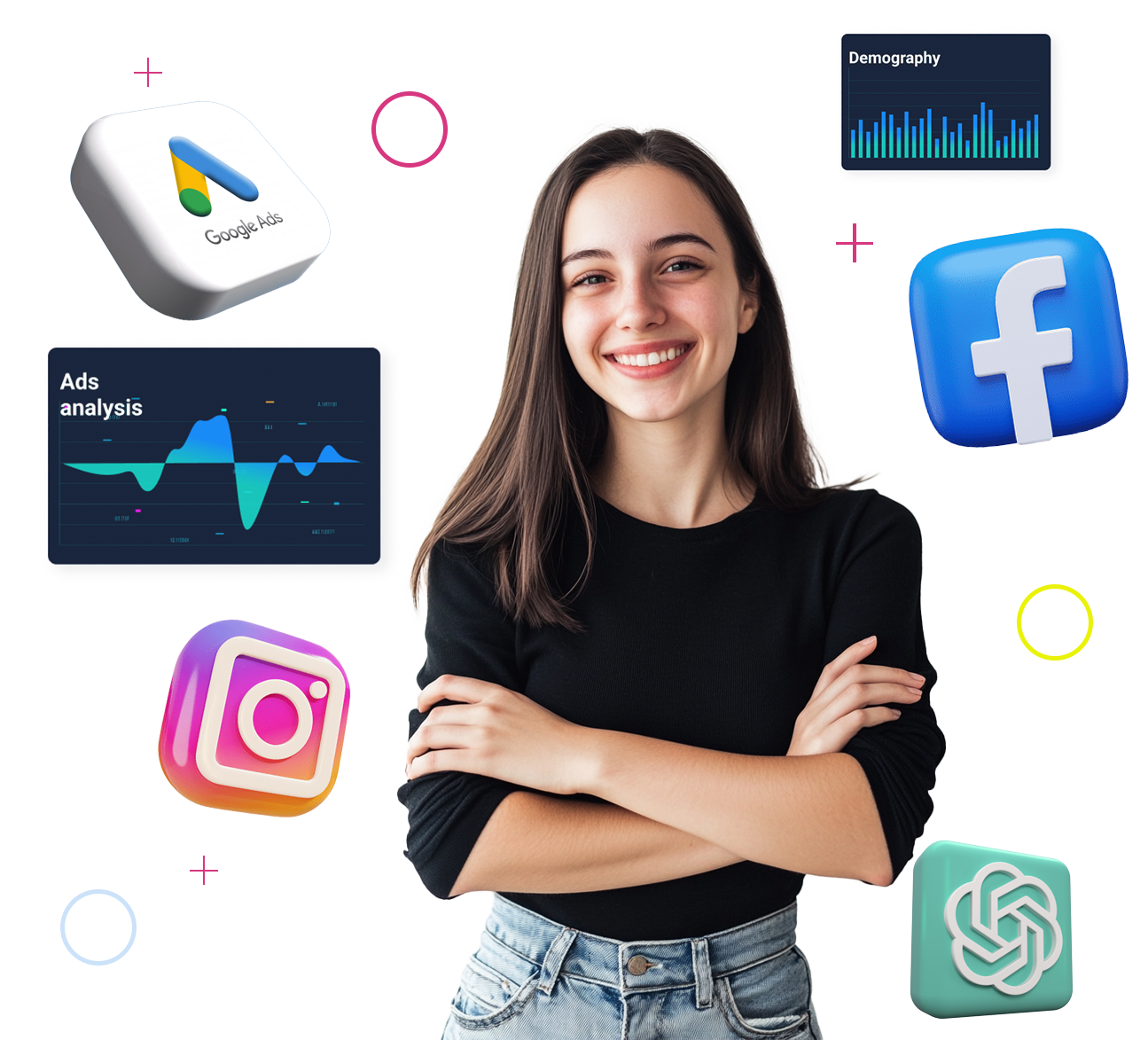 Специалист по рекламе работает с Google Ads, Meta Ads, аналитикой и AI